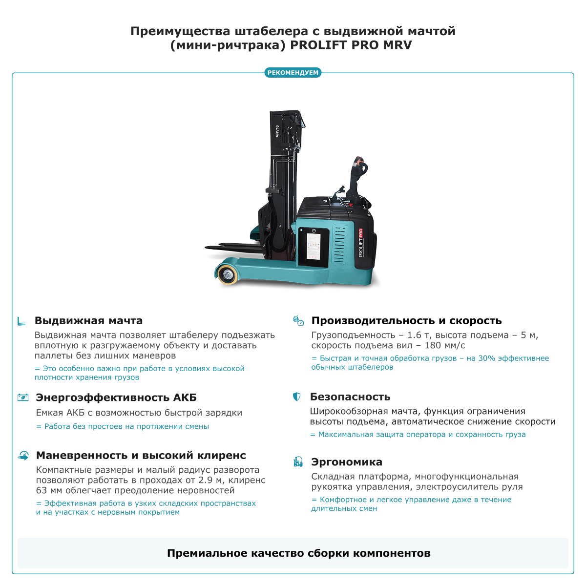 Штабелер с выдвижной мачтой (мини-ричтрак) PROLIFT PRO MRV 1650 li-ion
